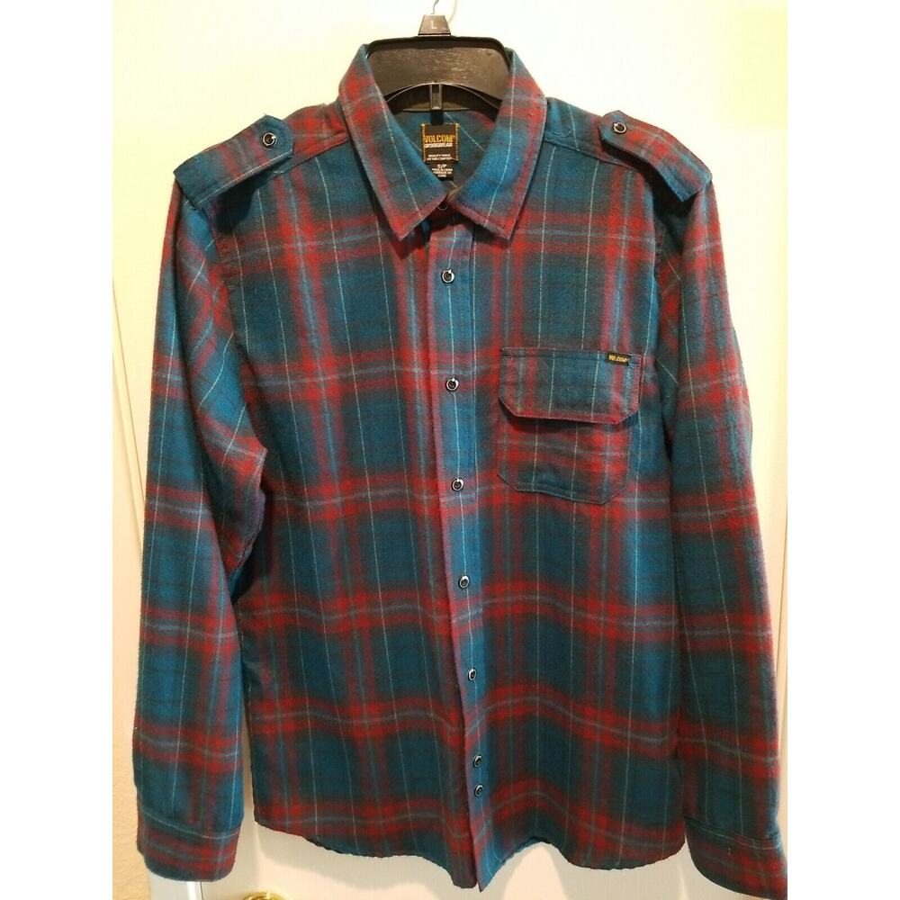 Volcom Button Up Shirt Mens Small Teal Red‎ Classic Fit Plaid Cotton Flannel